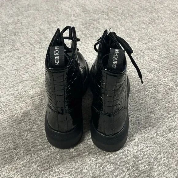 Alexander McQueen Croc Effect Boots Womens 38.5E US 8.5 Black Combat New - Picture 6 of 16